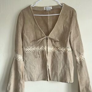 Charlotte Russe Beige Suede Tie-Front Jacket with Cream Crochet Trim